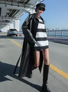 DAZY Raglan Sleeve Belted PU Leather Coat - Black - View 2