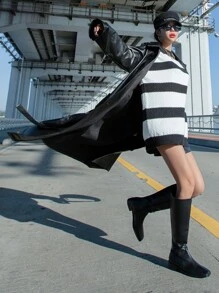 DAZY Raglan Sleeve Belted PU Leather Coat - Black - View 4