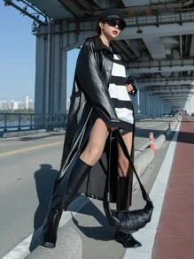 DAZY Raglan Sleeve Belted PU Leather Coat - Black - View 8