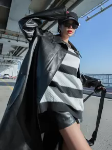 DAZY Raglan Sleeve Belted PU Leather Coat - Black - View 10