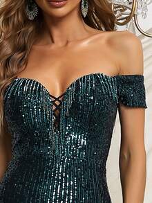 Missord Off Shoulder Fringe Criss Cross Sequin Split Thigh Prom Dress - Multicolor - View 7