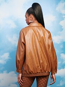 SHEIN BAE Cazadora tachuela con bolsillo de canguro de manga raglán - Marrón - Ver 2