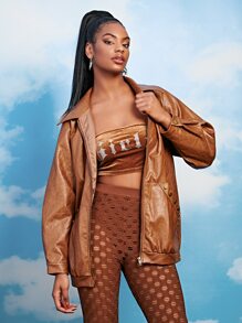 SHEIN BAE Cazadora tachuela con bolsillo de canguro de manga raglán - Marrón - Ver 1