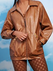 SHEIN BAE Cazadora tachuela con bolsillo de canguro de manga raglán - Marrón - Ver 4