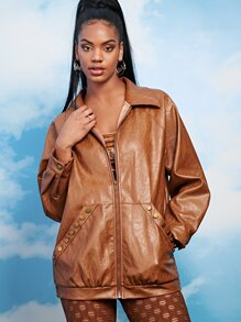 SHEIN BAE Cazadora tachuela con bolsillo de canguro de manga raglán - Marrón - Ver 3