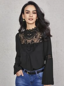 SHEIN 燈籠袖提花蕾絲肩部上衣 - 黑色 - 查看 1