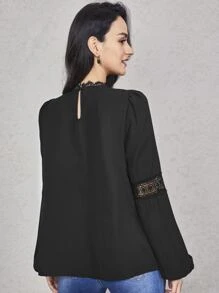 SHEIN 燈籠袖提花蕾絲肩部上衣 - 黑色 - 查看 2