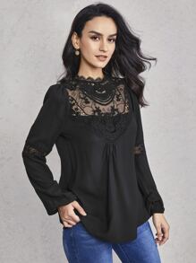 SHEIN 燈籠袖提花蕾絲肩部上衣 - 黑色 - 查看 3