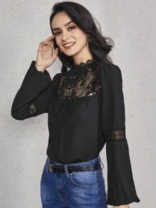 SHEIN 燈籠袖提花蕾絲肩部上衣 - 黑色 - 查看 4