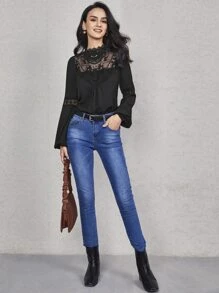 SHEIN 燈籠袖提花蕾絲肩部上衣 - 黑色 - 查看 5