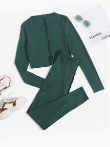 Mulvari Bộ đồ hai mảnh nữ Gân đan màu trơn Giải trí - Màu xanh lá cây đậm - Xem 1