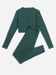 Mulvari Bộ đồ hai mảnh nữ Gân đan màu trơn Giải trí - Màu xanh lá cây đậm - Xem 2