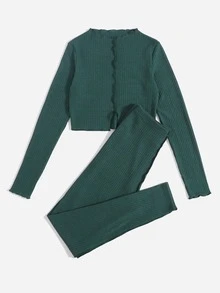 Mulvari Bộ đồ hai mảnh nữ Gân đan màu trơn Giải trí - Màu xanh lá cây đậm - Xem 5