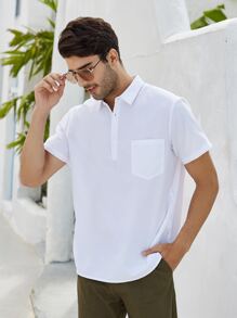 Manfinity Homme Camisa De Hombre Con Bolsillo Aplicado Y Media Botonadura - Blanco - Ver 3