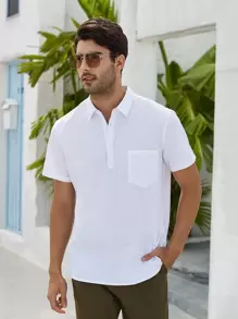 Manfinity Homme Camisa De Hombre Con Bolsillo Aplicado Y Media Botonadura - Blanco - Ver 5