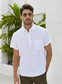 Manfinity Homme Camisa De Hombre Con Bolsillo Aplicado Y Media Botonadura - Blanco - Ver 7