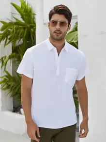 Manfinity Homme Camisa De Hombre Con Bolsillo Aplicado Y Media Botonadura - Blanco - Ver 8