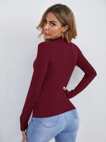 SHEIN Clasi Áo thun nữ Nút màu trơn Thanh lịch - Màu Đỏ Sâu - Xem 2