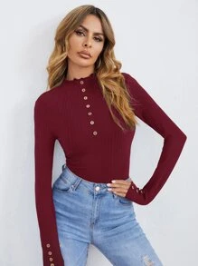 SHEIN Clasi Áo thun nữ Nút màu trơn Thanh lịch - Màu Đỏ Sâu - Xem 3