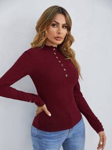 SHEIN Clasi Áo thun nữ Nút màu trơn Thanh lịch - Màu Đỏ Sâu - Xem 4