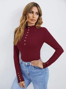 SHEIN Clasi Áo thun nữ Nút màu trơn Thanh lịch - Màu Đỏ Sâu - Xem 5