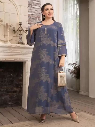 Mulvari 大碼隨機圖案印花織帶拼接荷葉袖直筒連衣裙