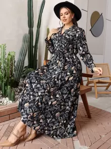 Lacomfia Plus Allover Print Belted Shirt Dress - Multicolor - View 1