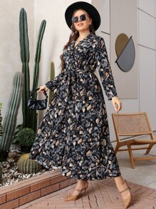 Lacomfia Plus Allover Print Belted Shirt Dress - Multicolor - View 3