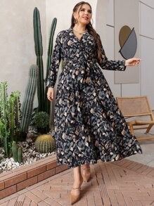 Lacomfia Plus Allover Print Belted Shirt Dress - Multicolor - View 4