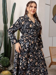 Lacomfia Plus Allover Print Belted Shirt Dress - Multicolor - View 5