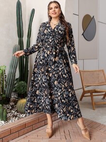 Lacomfia Plus Allover Print Belted Shirt Dress - Multicolor - View 6