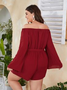 SHEIN Plus Off Shoulder Trumpet Sleeve Belted Romper - Burgundy - View 2