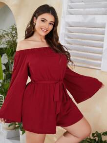 SHEIN Plus Off Shoulder Trumpet Sleeve Belted Romper - Burgundy - View 3