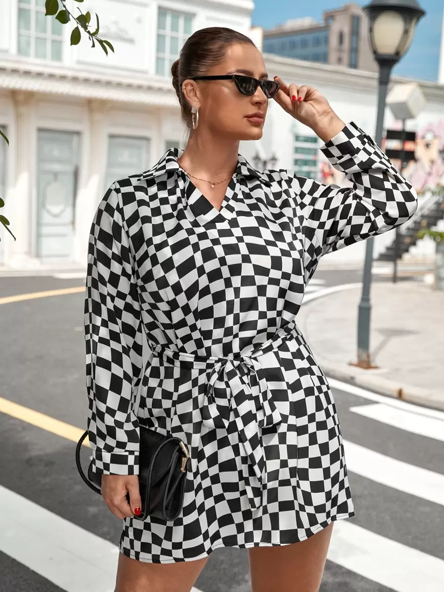 大碼幾何印花腰帶襯衫連衣裙 - 黑與白 - 查看 1