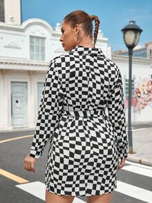 大碼幾何印花腰帶襯衫連衣裙 - 黑與白 - 查看 2