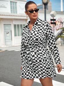 大碼幾何印花腰帶襯衫連衣裙 - 黑與白 - 查看 5