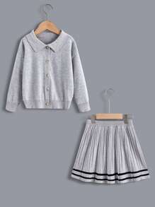 小女童落肩袖開襟衫和條紋飾邊百褶針織短裙 - 灰色 - 查看 1