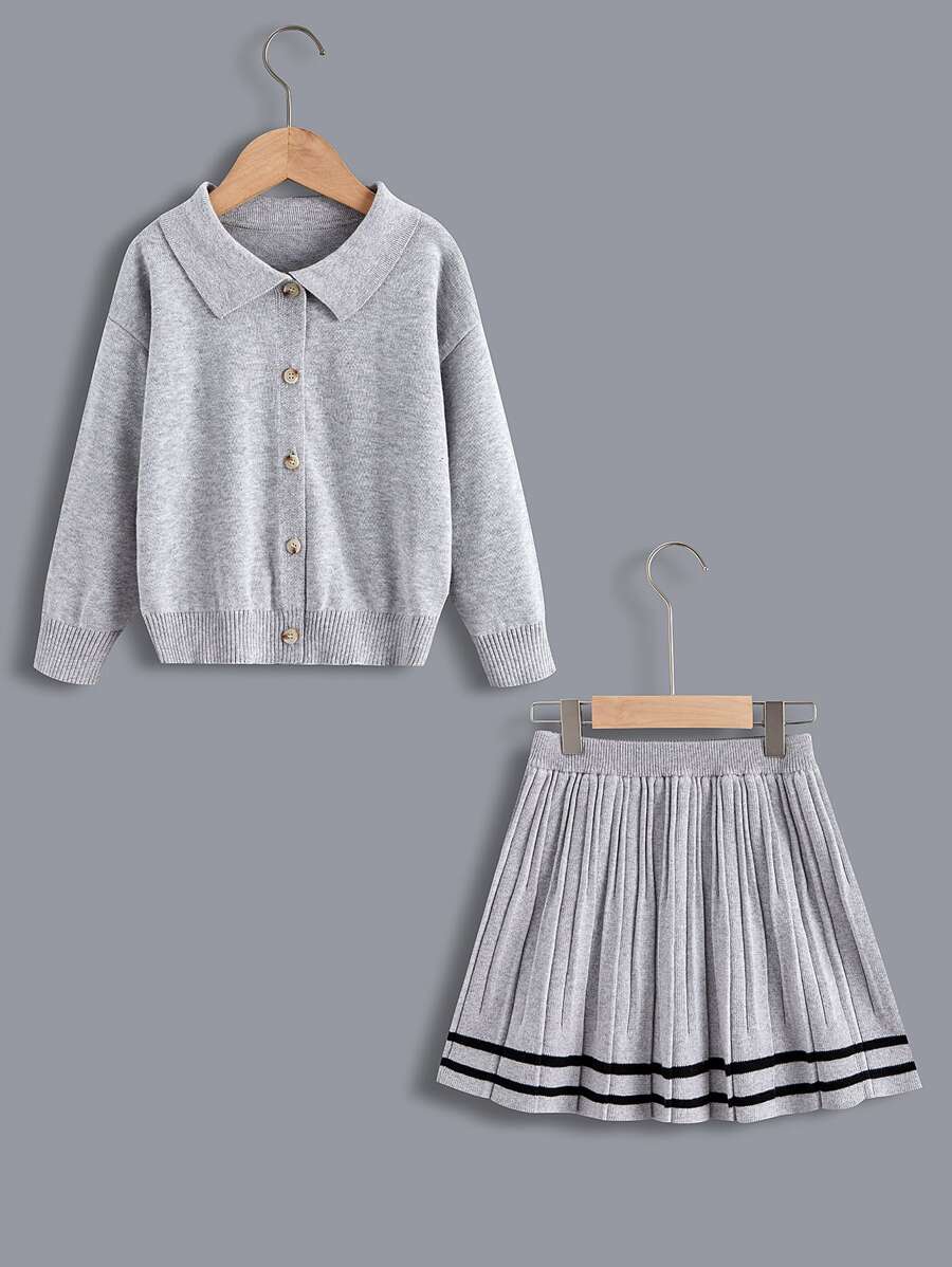 小女童落肩袖開襟衫和條紋飾邊百褶針織短裙 - 灰色 - 查看 1