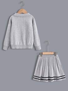 小女童落肩袖開襟衫和條紋飾邊百褶針織短裙 - 灰色 - 查看 2