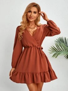 SHEIN Clasi 燈籠袖荷葉邊側打結連衣裙 - 亮橙色 - 查看 3