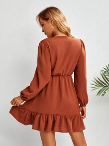 SHEIN Clasi 燈籠袖荷葉邊側打結連衣裙 - 亮橙色 - 查看 2
