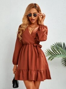 SHEIN Clasi 燈籠袖荷葉邊側打結連衣裙 - 亮橙色 - 查看 1