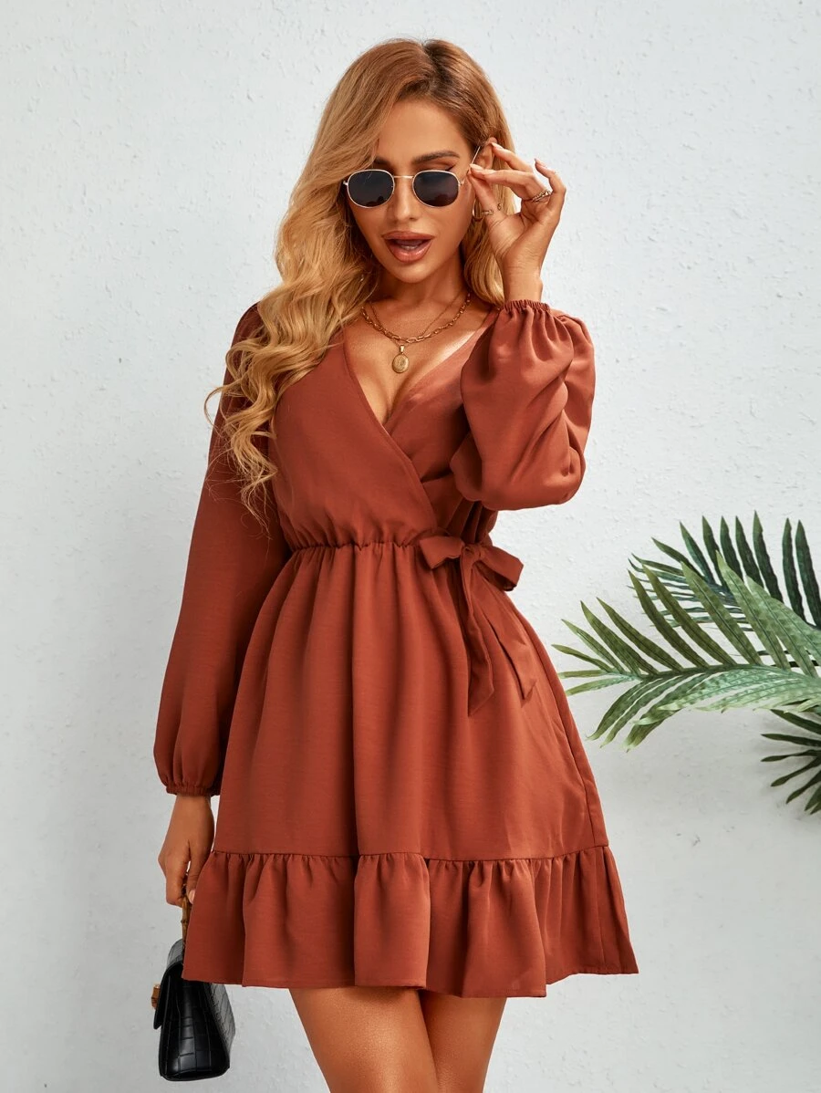 SHEIN Clasi 燈籠袖荷葉邊側打結連衣裙 - 亮橙色 - 查看 1