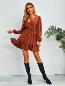 SHEIN Clasi 燈籠袖荷葉邊側打結連衣裙 - 亮橙色 - 查看 4