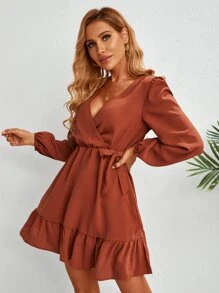 SHEIN Clasi 燈籠袖荷葉邊側打結連衣裙 - 亮橙色 - 查看 5