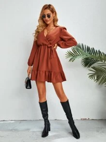 SHEIN Clasi 燈籠袖荷葉邊側打結連衣裙 - 亮橙色 - 查看 6