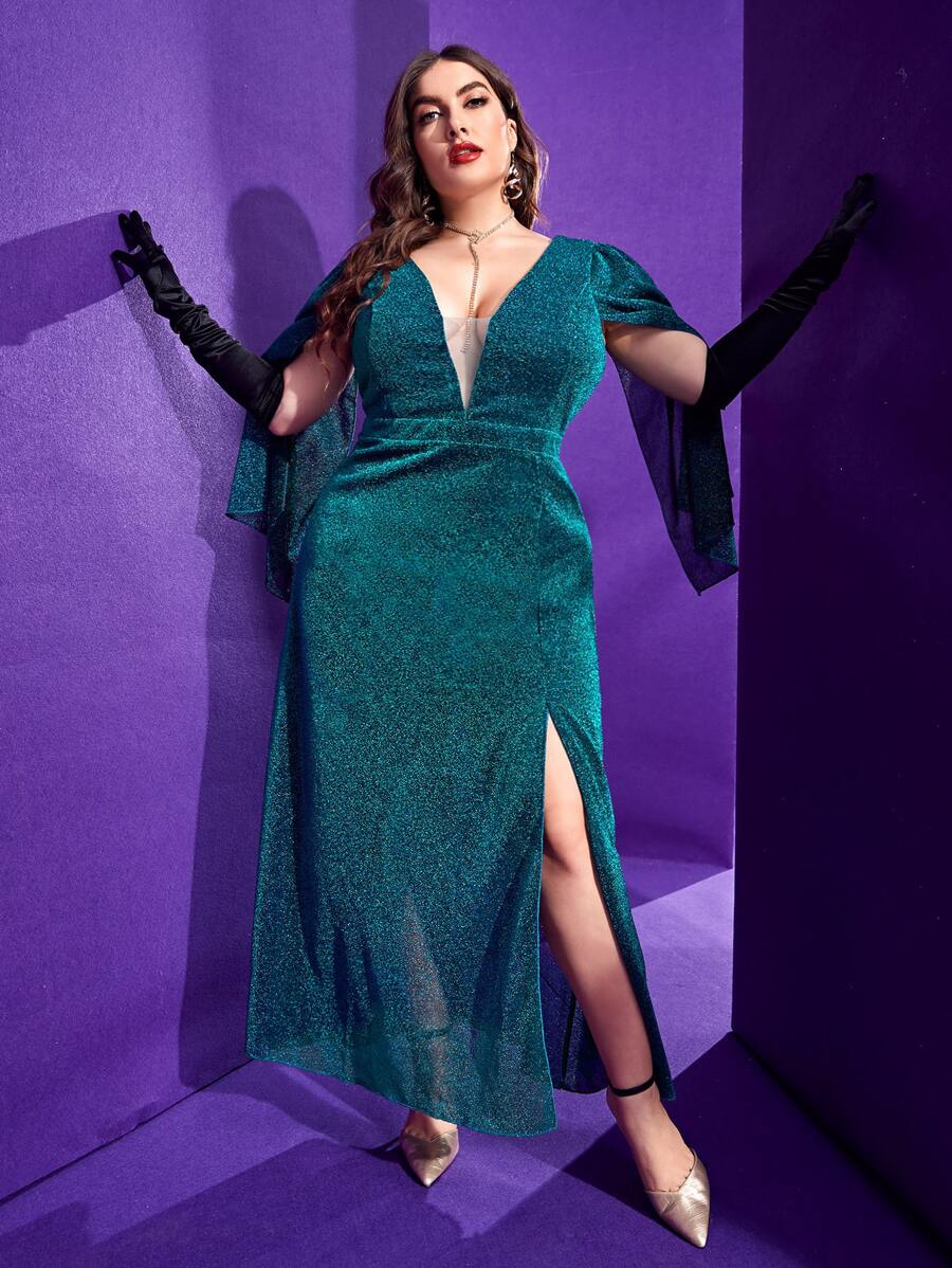 Modelyn Đầm Plus Size Chia màu trơn Hấp dẫn - Màu xanh ngọc - Xem 1