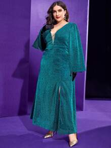 Modelyn Đầm Plus Size Chia màu trơn Hấp dẫn - Màu xanh ngọc - Xem 3