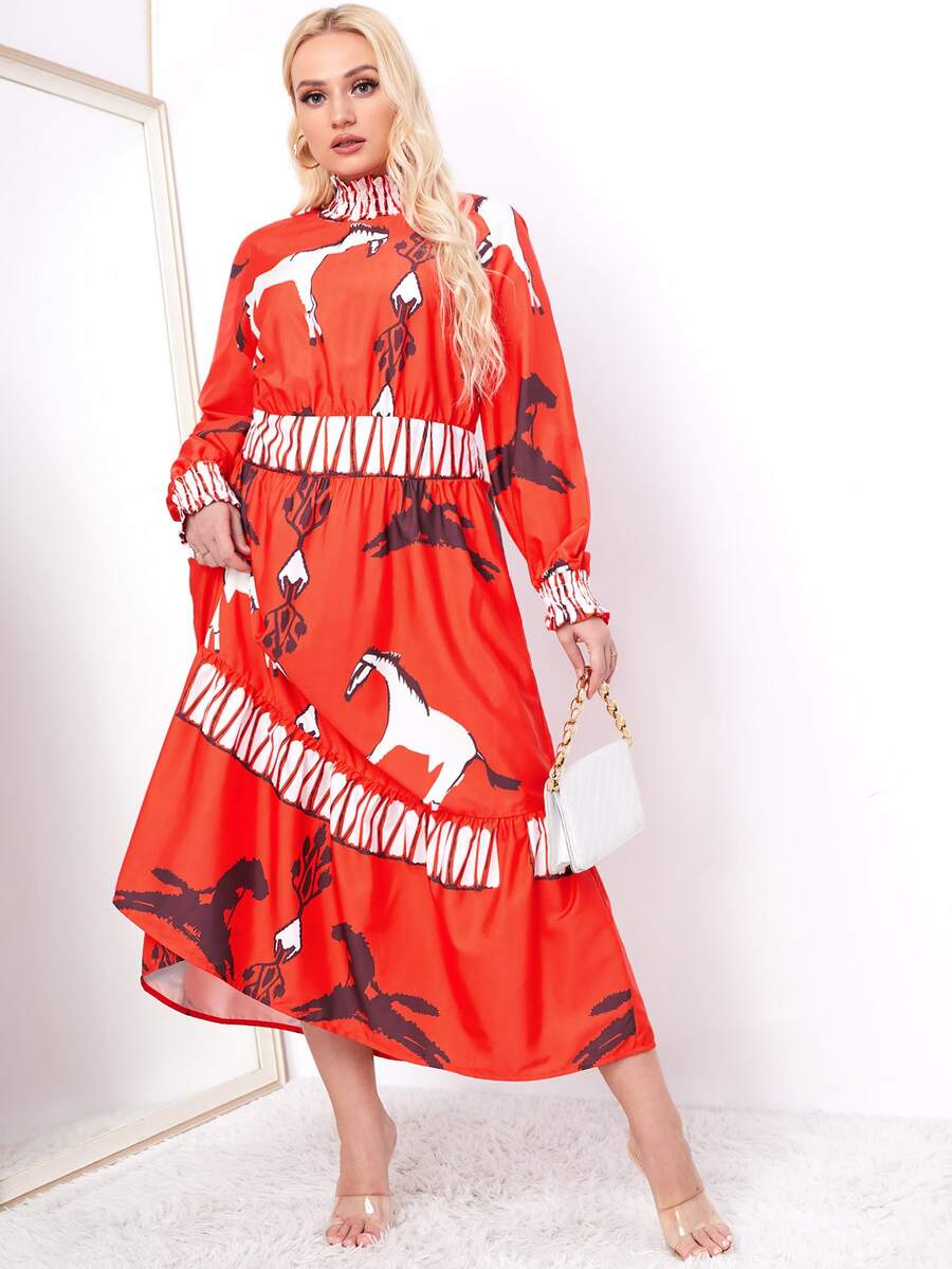 Vestido al azar con estampado de caballo con fruncido bajo con fruncido - Multicolor - Ver 1