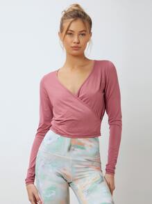 SHEIN Modal Cropped Wrap Sports T-Shirt - Dusty Pink - View 1